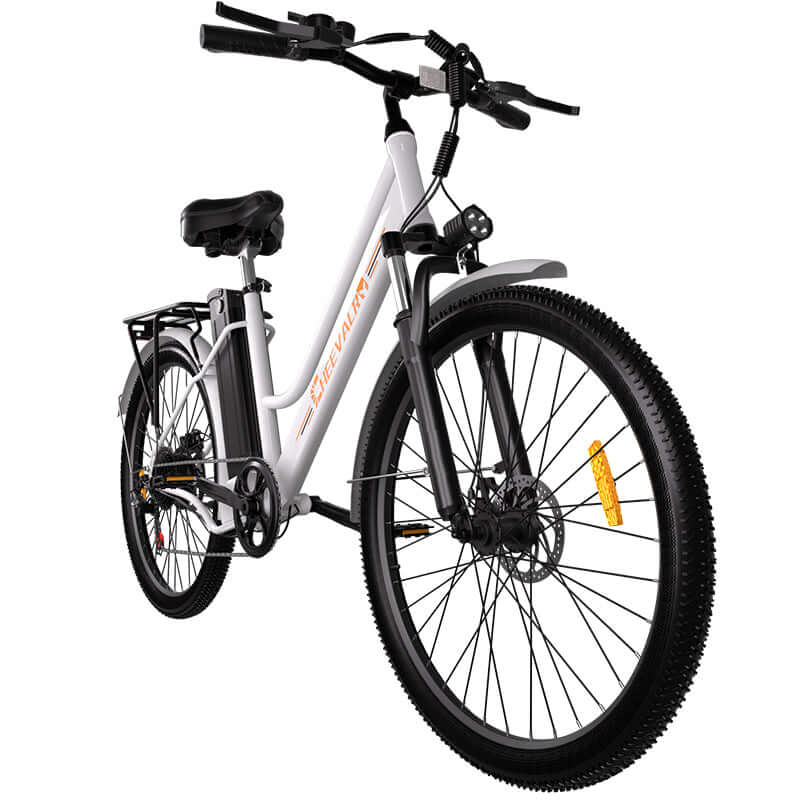 CHEEVALRY C26 electric bike with a sleek design, featuring a black and white frame, ergonomic handlebars, and sturdy tires.
