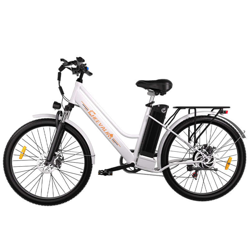 CHEEVALRY C26 electric bike in white with a sleek design, featuring a battery and rear rack for convenience.