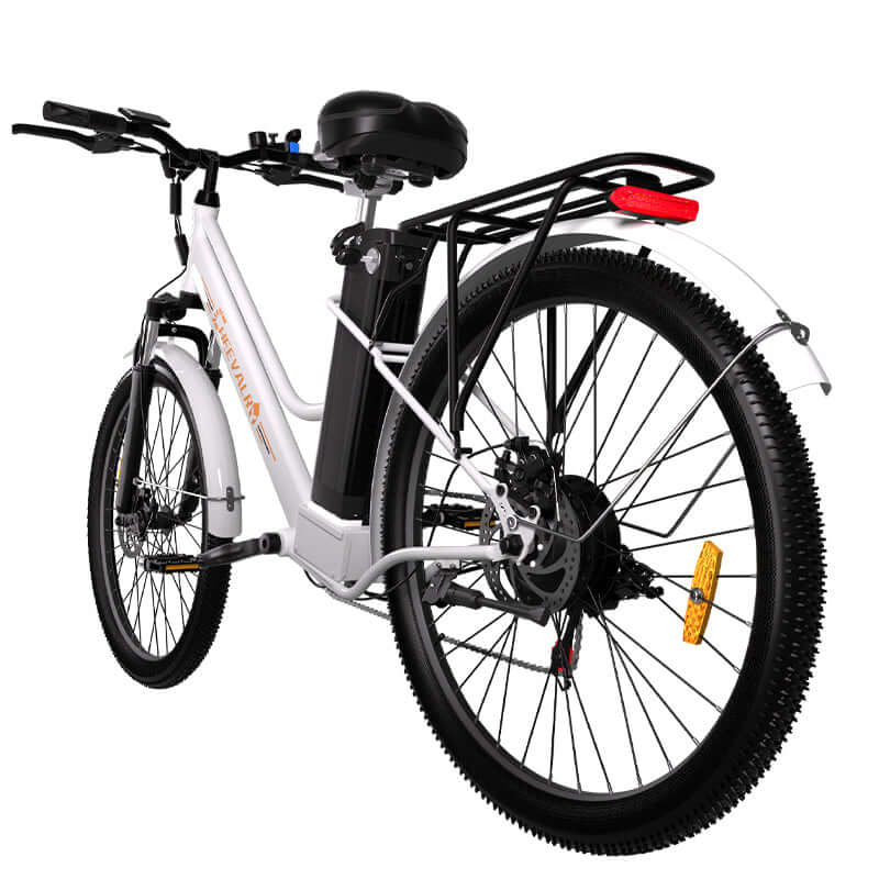 Cheevalry c26 white electric bicycle low angle side view with fenders and rear rack