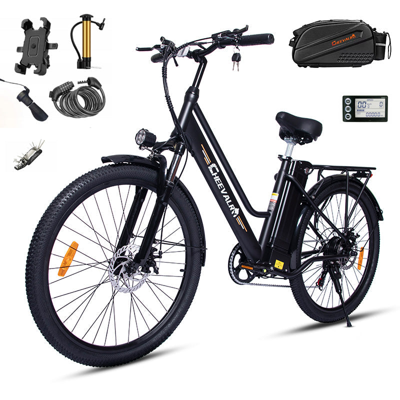 CHEEVALRY C26 electric bike with accessories like a pump, phone holder, and battery pack, showcasing its features.